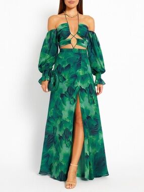 Green Floral Off-Shoulder Maxi Dress with Front Slit